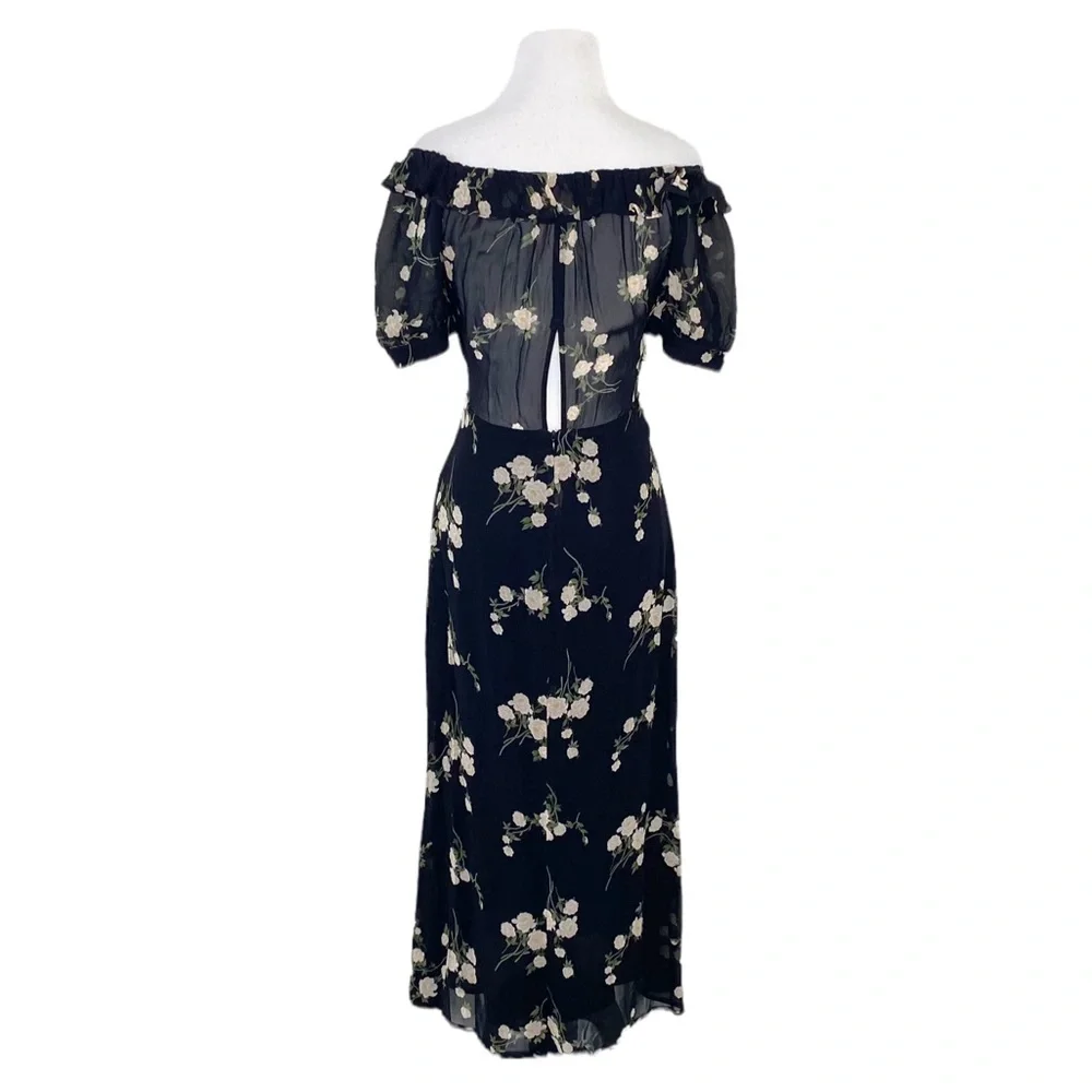 Reformation Inez Black Floral Off the Shoulder Midi Dress in Contessa Size 4 - Picture 6 of 10